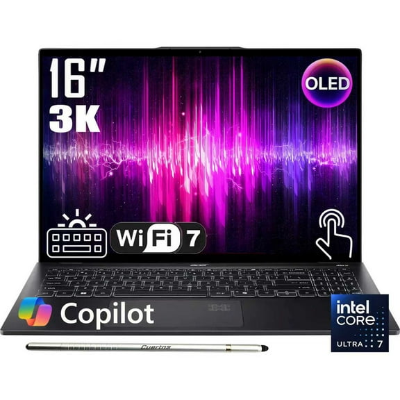 Acer Swift 16 AI Laptop, 16" 3K 120Hz OLED Touchscreen, Intel Core Ultra 7 256V Series 2, Stylus Pen, Backlit Keyboard, Fingerprint, Wi-Fi 7, Windows 11 Home, Ice Black(16GB DDR5 RAM - 1TB SSD)