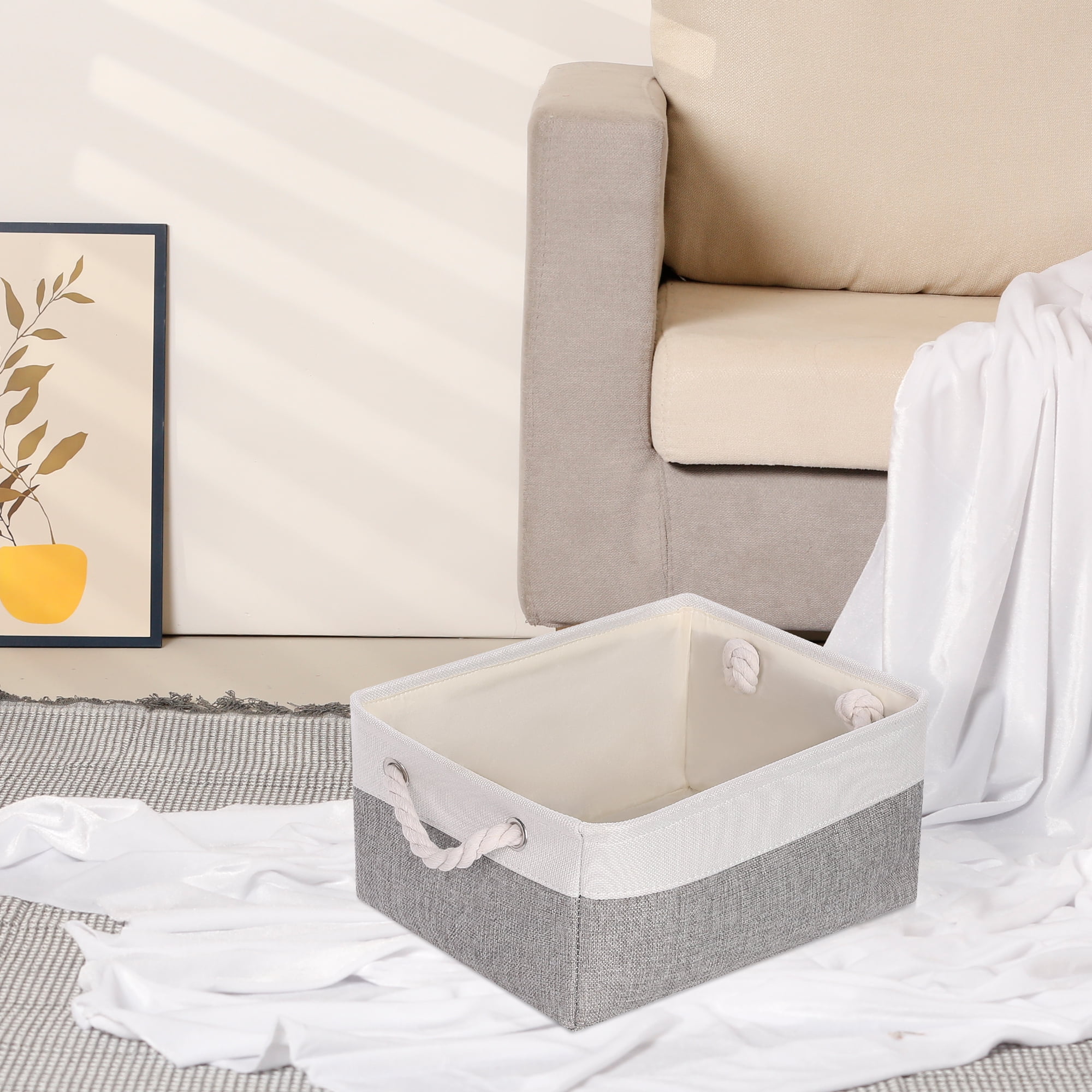 Unique Bargains Storage Bin with Handle Fabric Cube Grey/White 14*10*6.5in