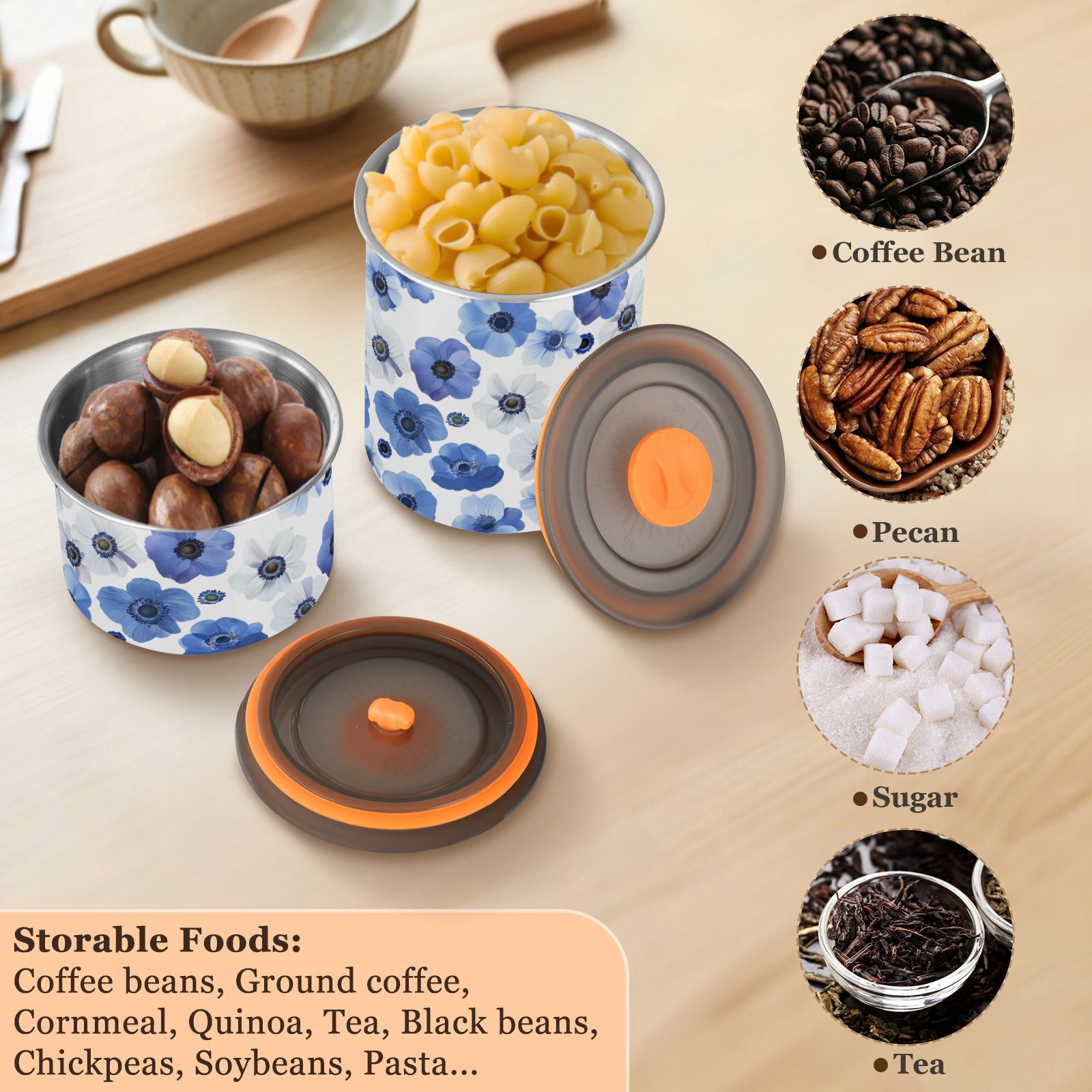 Anemone Flowers Floral Airtight Coffee Bean Canister 30oz Food Storage Containers with Lids For Gournd, Tea, Sugar, Flour, Rice, Cereal, Candy Cookie Jar