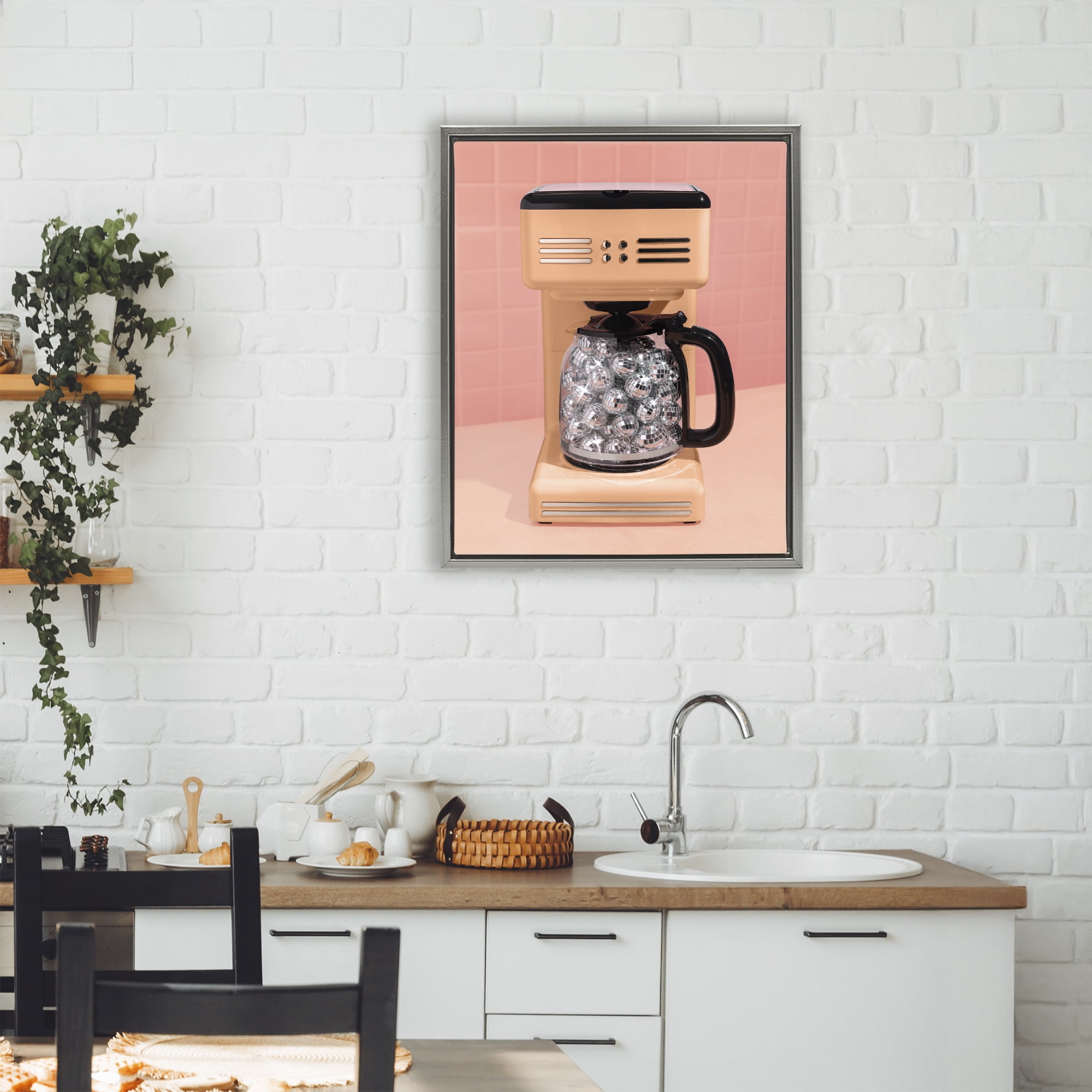 Stupell Industries Disco Coffee Maker over Orange Gray Framed Floater Canvas Wall Art, design by LISH Creative