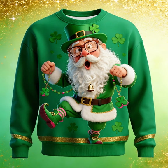 St Patrick's Day Hoodies Men Green-clad Old Dwarf 3D Graphic Long Sleeve Crew neck Sweatshirt For Men Green L