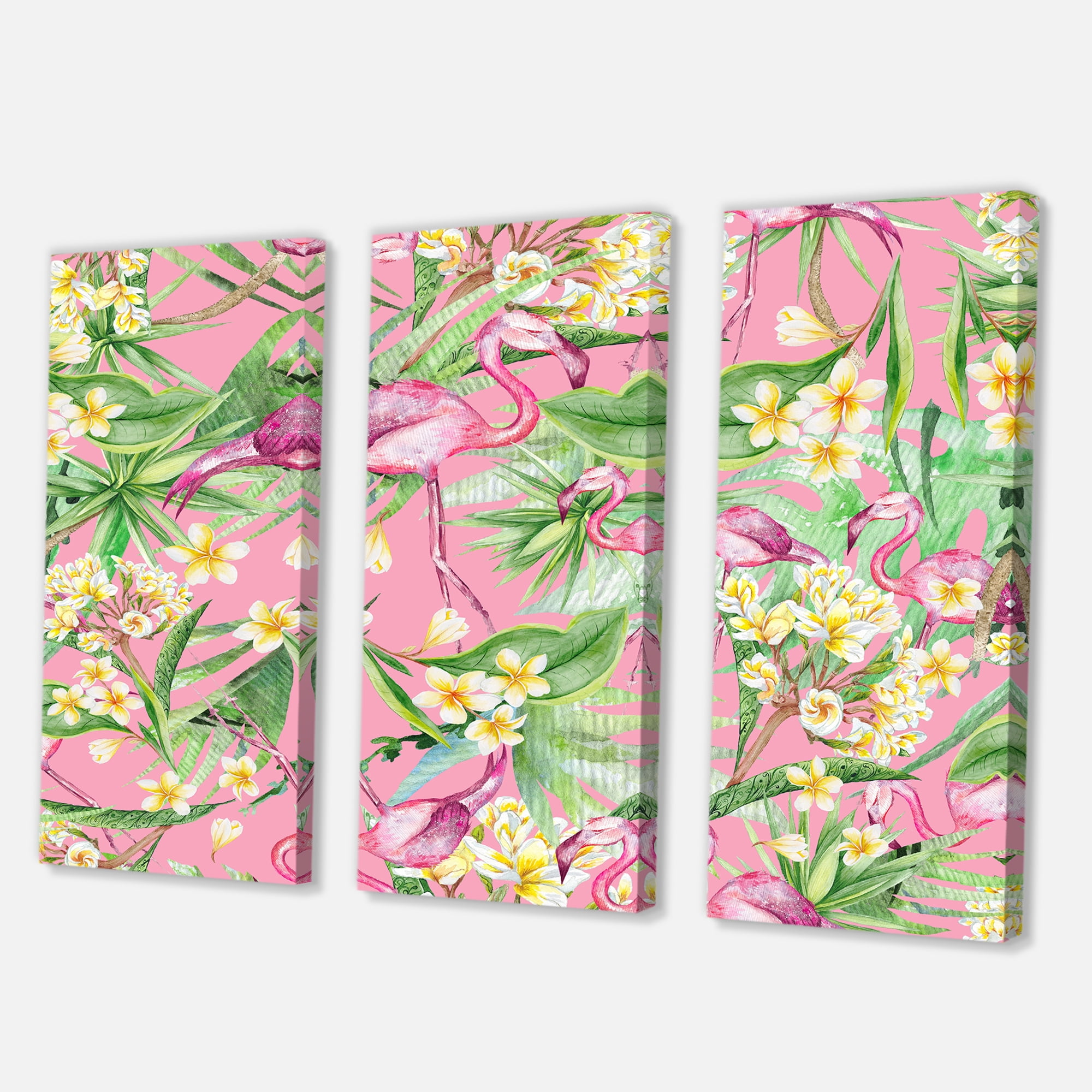 Designart ' Yellow Flowers, Tropical Foliage With Flamingo III ' Modern Canvas Wall Art Print