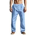 thumbnail image 4 of YUGYXL Men's Cotton Linen Drawstring Pants Casual Stretch Waist Wide Leg Pants with Pockets Outdoor Straight Pants Light Blue S, 4 of 9