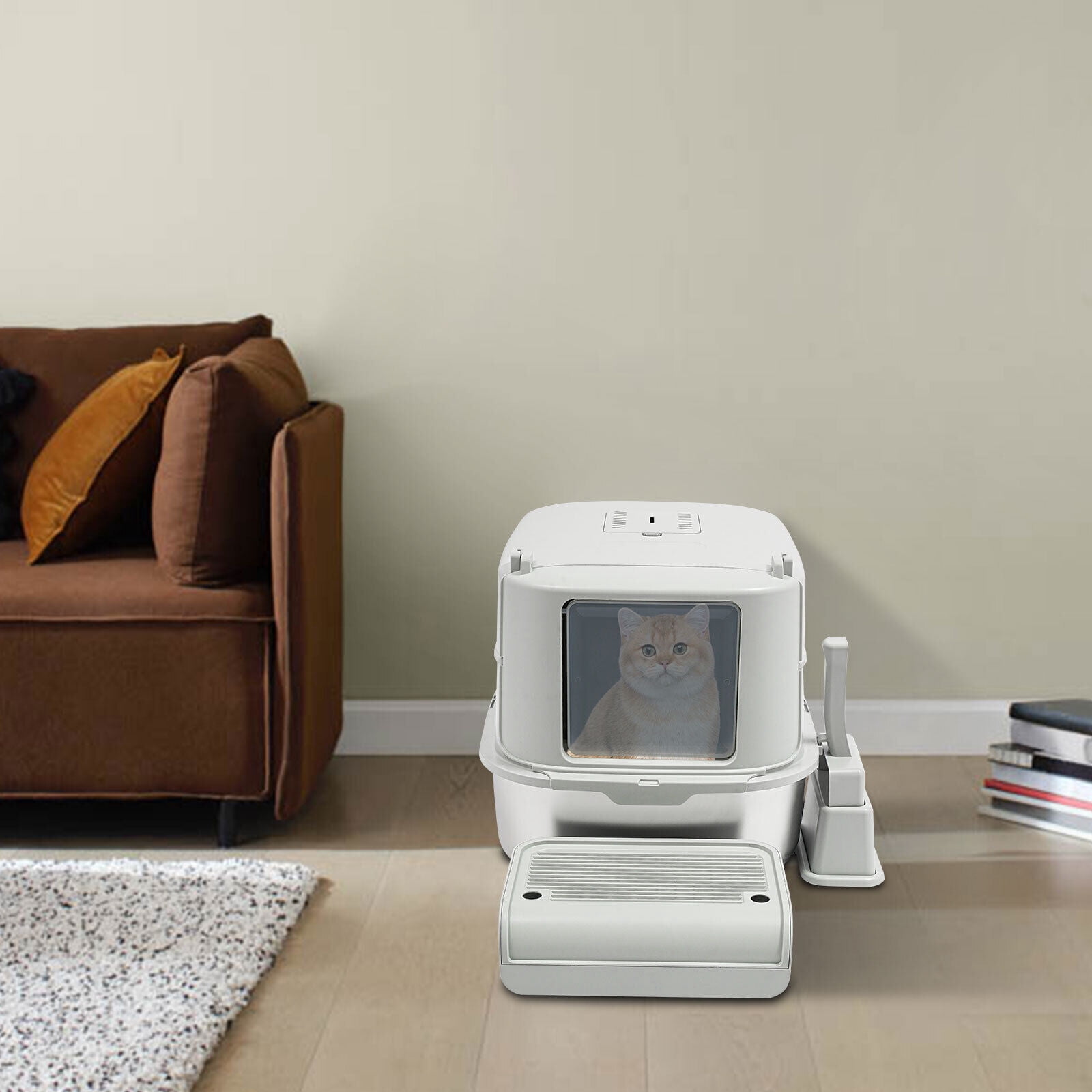 20L Stainless Steel Cat Litter Box - Enclosed/Semi-Open Design with Splash Guard & Deodorizer Compartment (Fits Cats Up to 22lbs)