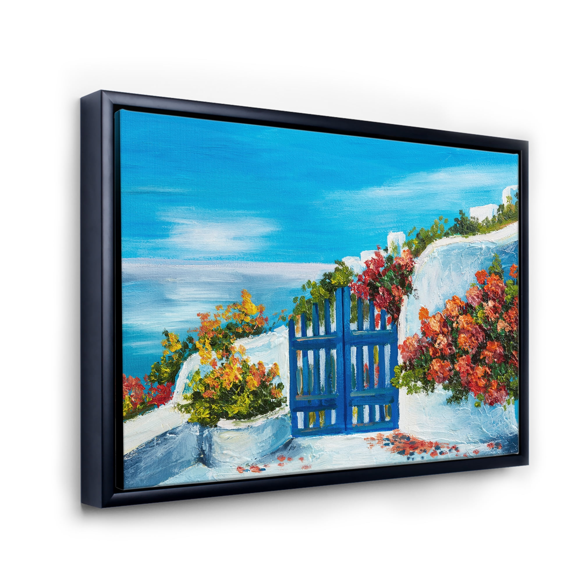 Designart 'House With Colorful Flowers Near The Sea III' Nautical & Coastal Framed Canvas Wall Art Print