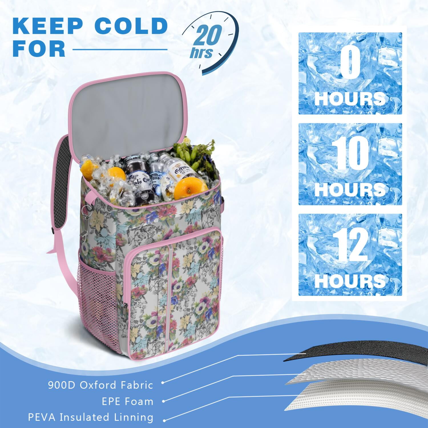 Travel Cooler Bag - Pioneer Flower Floral Print Pattern Camping Beer Cooler Backpack with Bottle Opener- Waterproof Insulated Picnic Backpacks - Cooler Bag for Beach