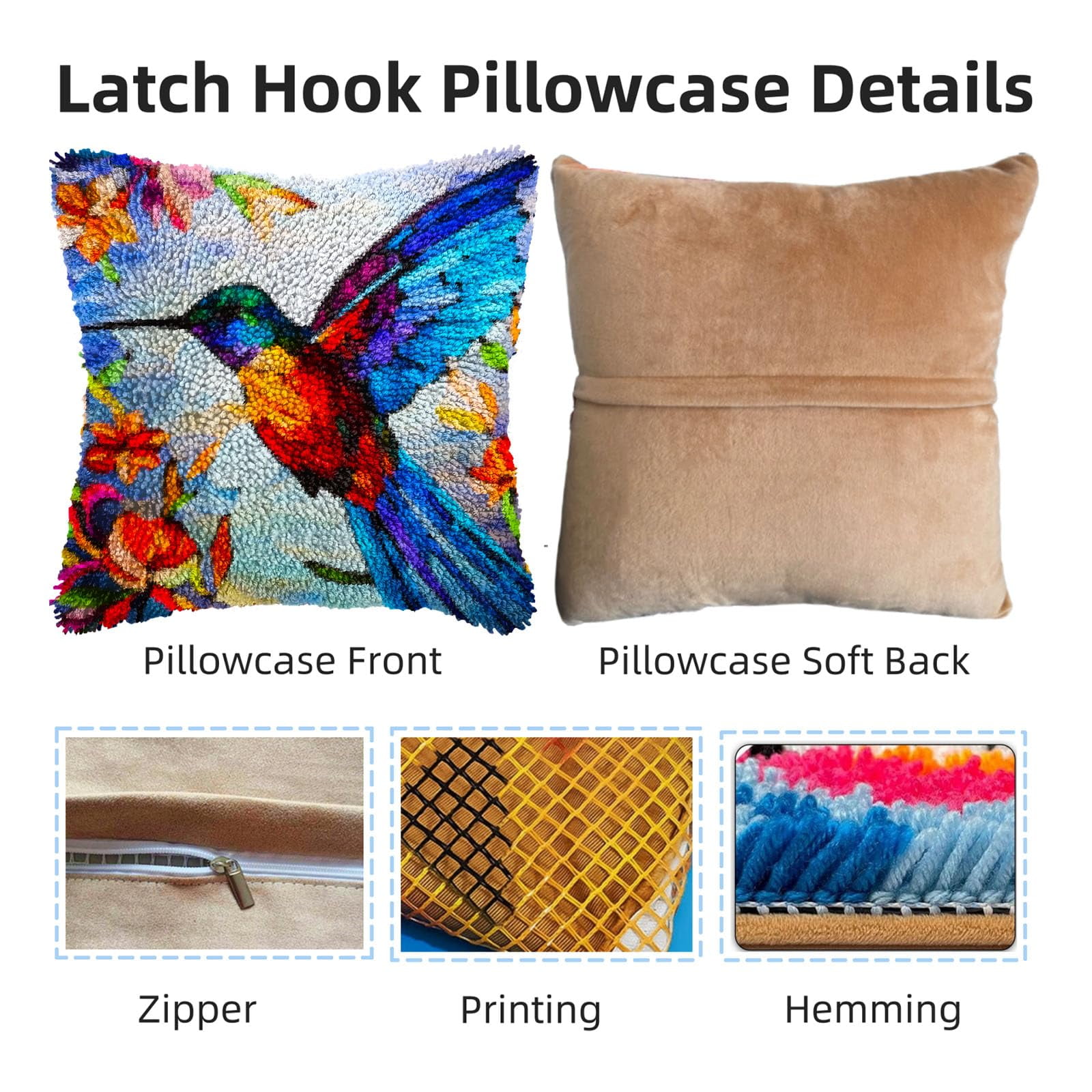 Colorful Stained Glass Hummingbird DIY Latch Hook Pillow Kits for Adults Printed Pillowcase Crochet Yarns Hooking Handmade Pillow Cover Cushion for Home Sofa Decoration 17x17inch