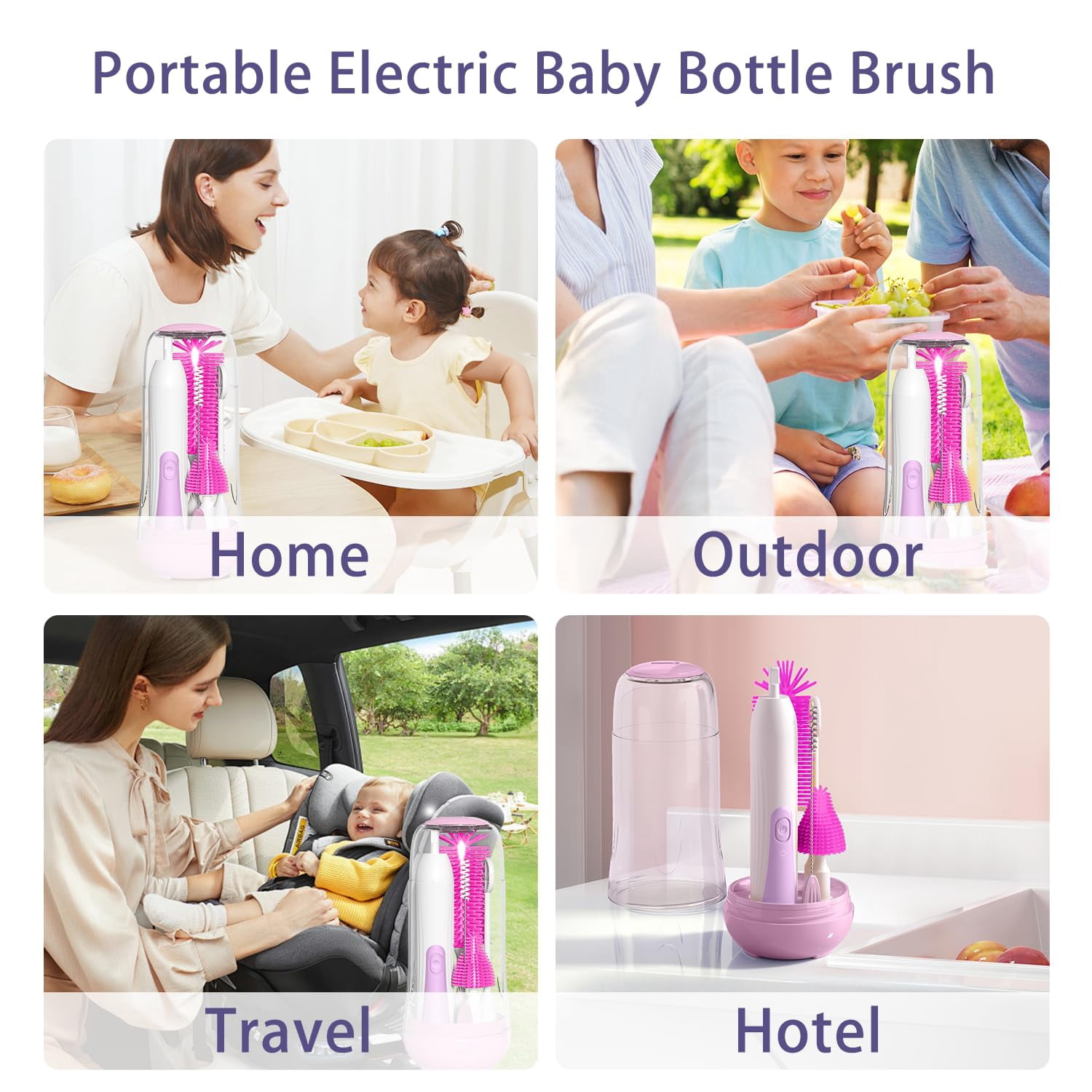 Electric Bottle Brush Cleaner, Portable Rechargable Baby Bottle Brush Kit for Travel with Silicone Nipple & Straw Brush, Drainage Rack, Storage Box, Perfect Essentials Gift for Mom After Birth