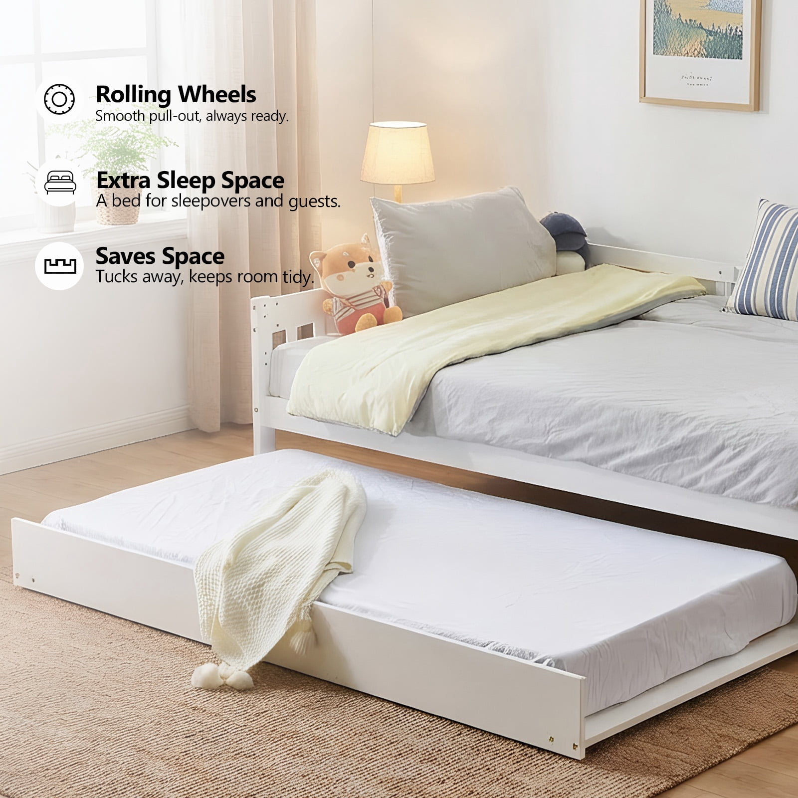 Zimtown Solid Wood Full Daybed with Trundle, Day Bed Frame with Charging Station and Lights, White