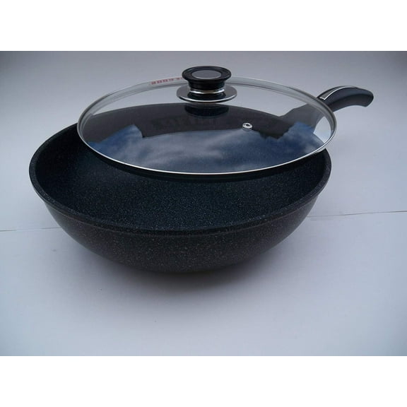 Ceramic Marble Coated Cast Aluminium Non Stick Wok With Glass Lid 32 CM