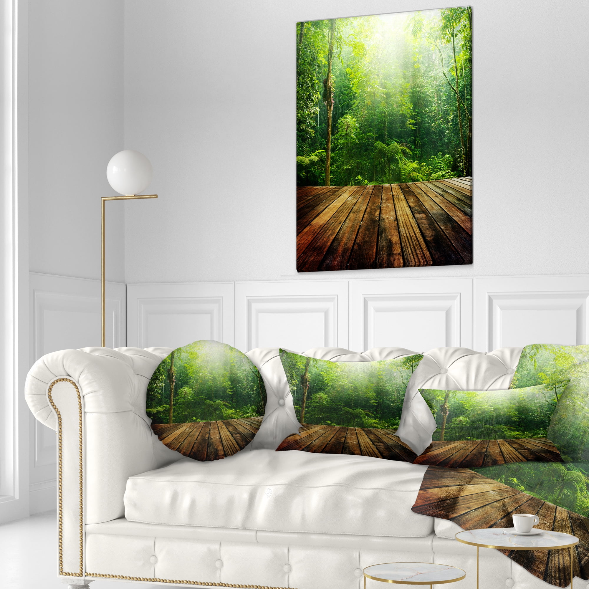 Designart Green Forest with Ray of Light - Landscape Photo Throw Pillow - 12x20