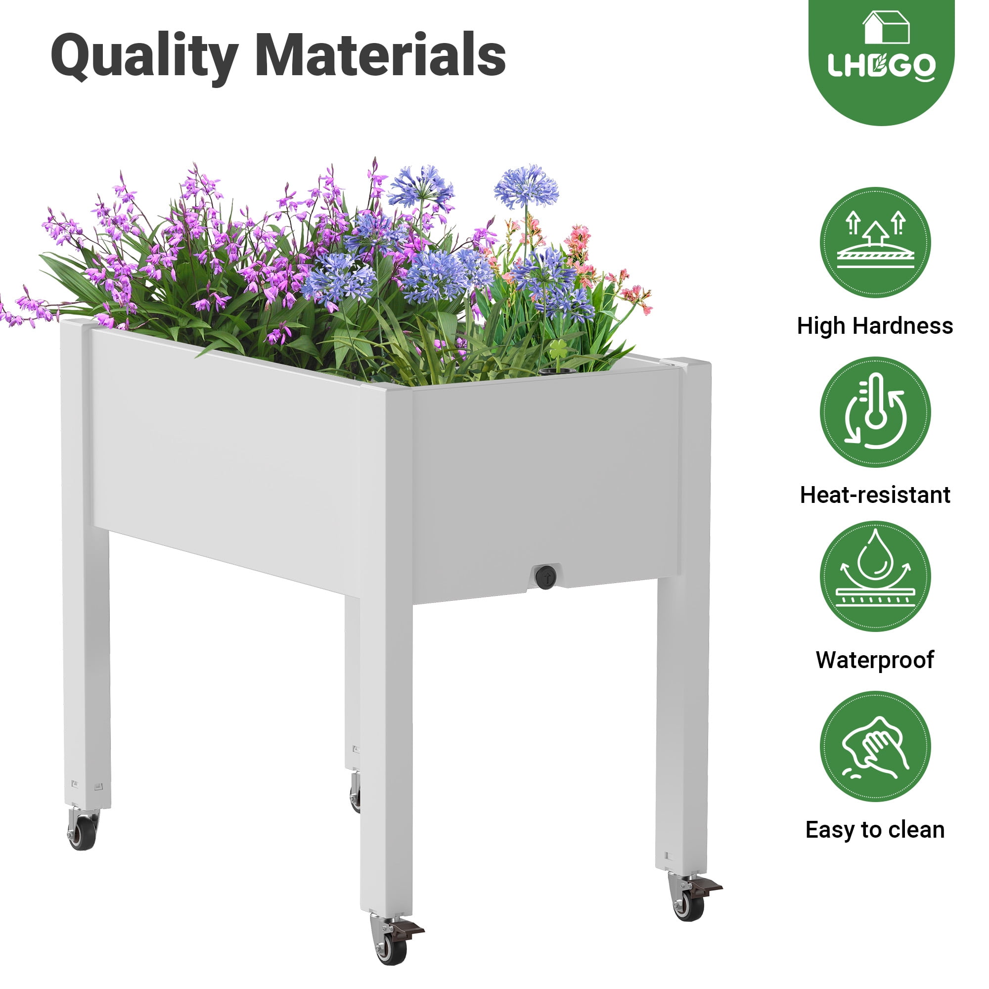 Nihsuao 30in Large Raised Garden Bed with Wheels, Outdoor Elevated Planter with Weatherproof Resin, Effective Drainage for Backyard, Patio and Balcony, White