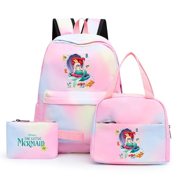 3pcs Disney The Little Mermaid Colorful Backpack with Lunch Bag Rucksack Casual School Bags for Student Teenagers Sets
