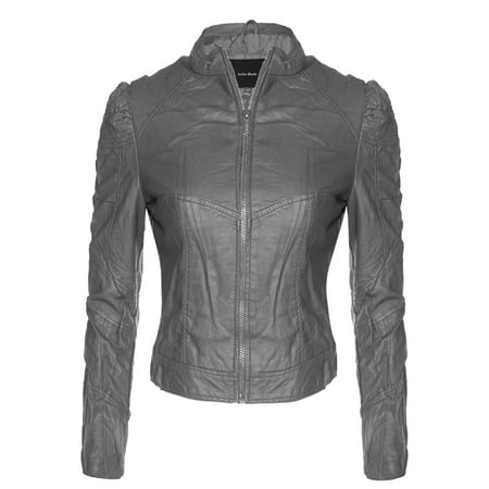 Made by Olivia Women's Long Sleeve Zipper Closure Moto Biker Faux Leather Jacket Grey
