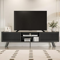 Black TV Stand for 65 70 Inch TV, Modern Iron Rattan TV Console with Sliding Door, Entertainment Center with Storage and Adjustable Shelves, Media Console for Living Room and Bedroom