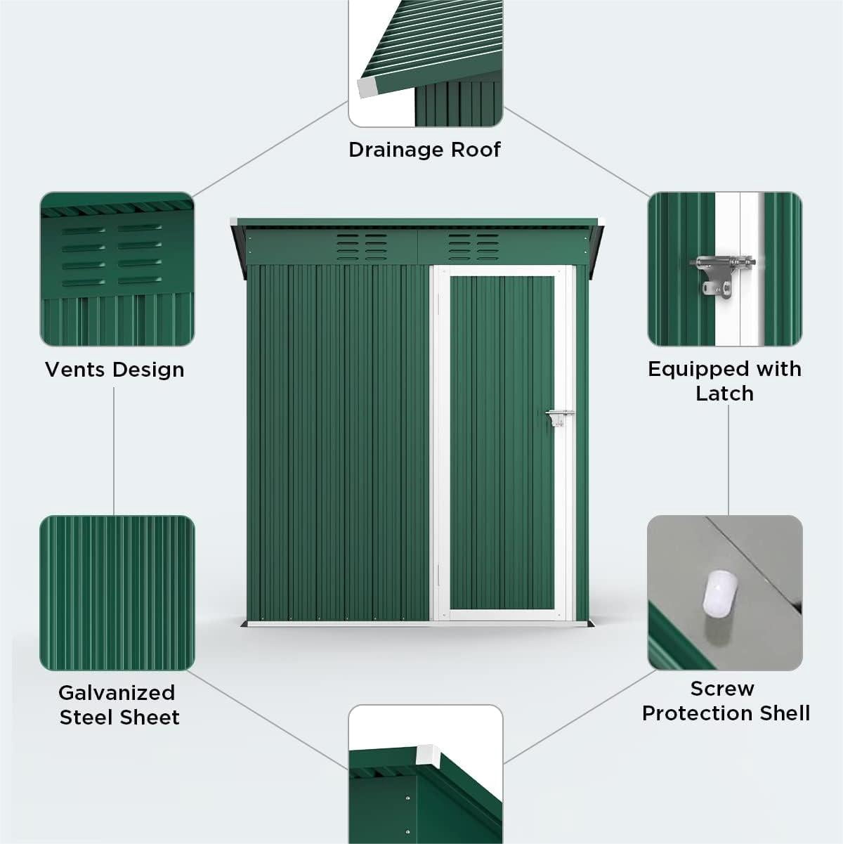 5x3 FT Metal Outdoor Storage Shed with Lockable Door and Sloped Roof – Weather-Resistant Garden Shed for Backyard, Patio, Lawn, Green