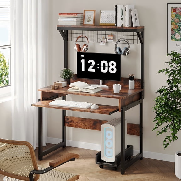 NEWSENDY Industrial Style Multi-tier Standing Computer Desk with Keyboard Tray & Storage Shelves, Sturdy Home Office Workstation for Adults