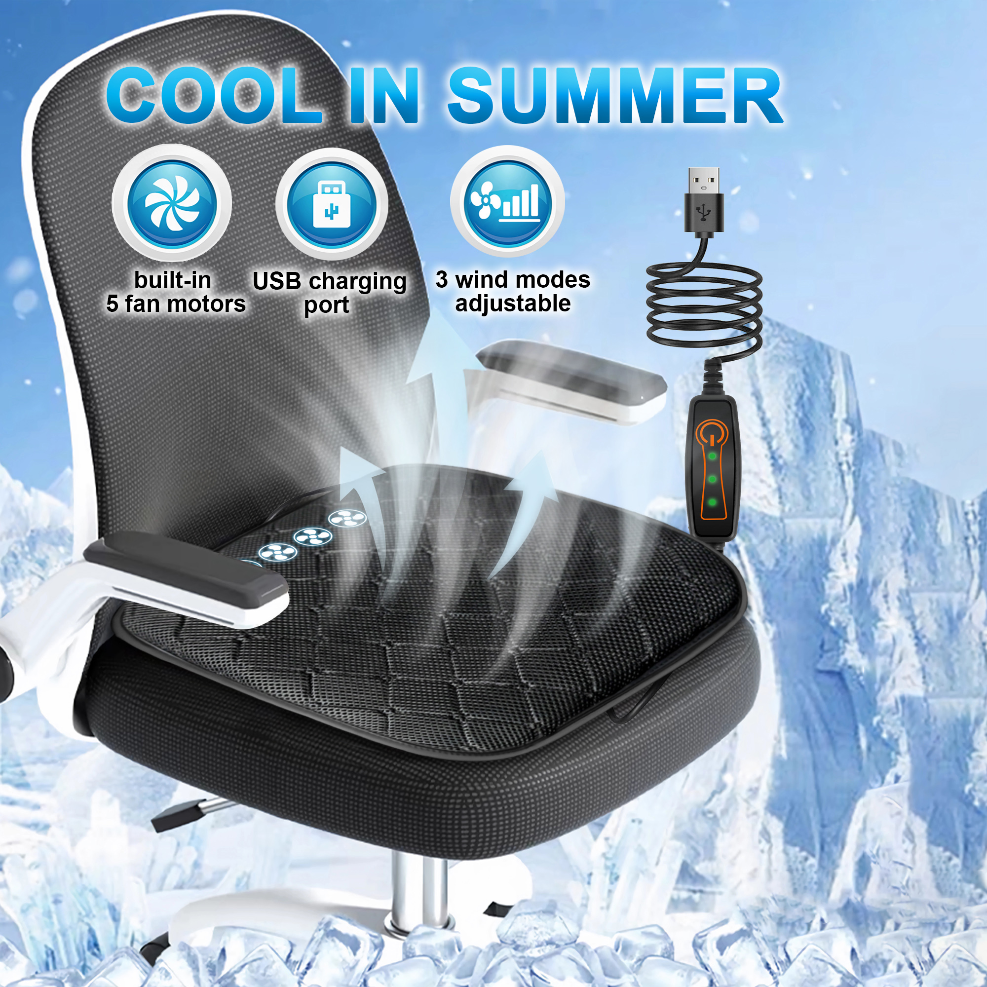 Practisol USB Cooling Seat Cushion for Office Chair Car SUV Truck Home Outdoor,  Summer Ventilated Cooling Car Seat Cover with 5 Fans, Universal Breathable Seat Cooler Pad
