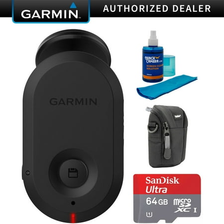 Garmin Dash Cam Mini Car Key-Sized High Quality Dash Cam (010-02062-00) with Cleaner for LED TVs, Point and Shoot Case & Sandisk Ultra microSDXC 64GB UHS Class 10 Memory (Best Image Quality Point And Shoot)