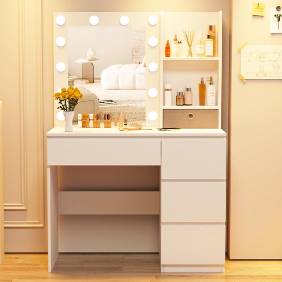 Fameill Makeup Vanity with Lights, 37inch Vanity Desk with Mirror and Lights 4 Drawers, 3 Lighting Modes Brightness Adjustable, White