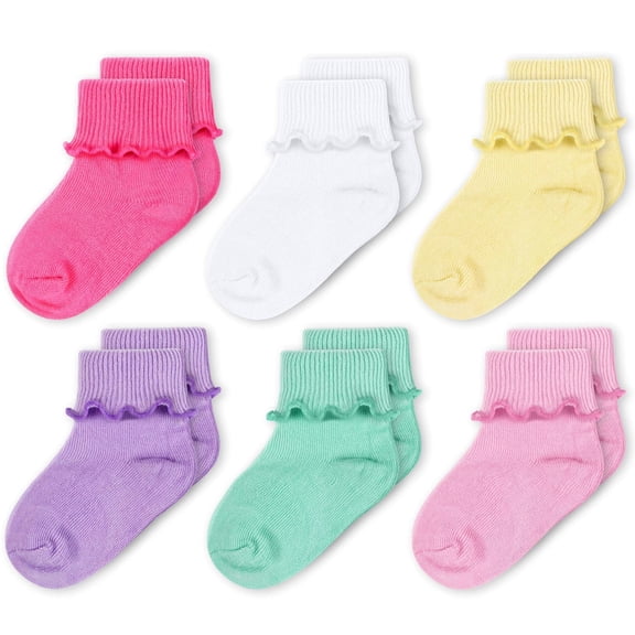 CozyWay Baby Girl Ruffle Socks - Breathable Cotton & Reinforced Toe for Baby Socks - 0-9 Months, Pack of 6, Pink, Yellow & Green