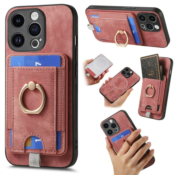 for iPhone 14 Pro Max 2 in 1 Detachable Wallet Case, Luxury Retro PU Leather Ring Kickstand Card Cash Slots Case for Women Men, Strong Magnetic Shockproof Anti-Scratch Slim Case - Pink