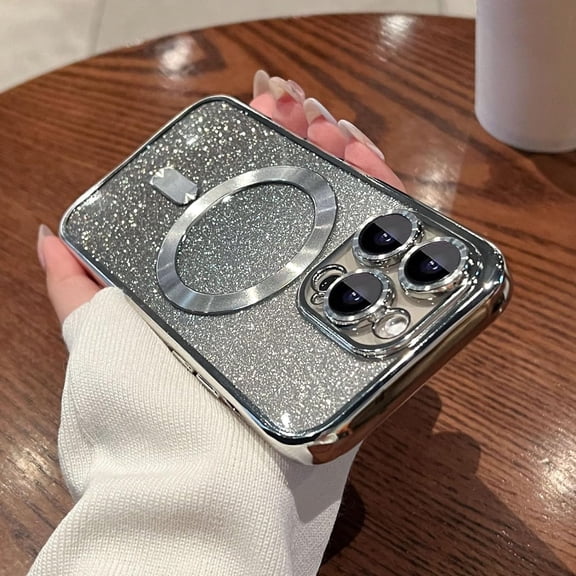 Case for iPhone 15 Pro Max Case for Women [Compatible with MagSafe] Full Camera Protection Plating Luxury Glitter Bling Soft TPU Shockproof Protective Cover for 15 Pro Max - Silver
