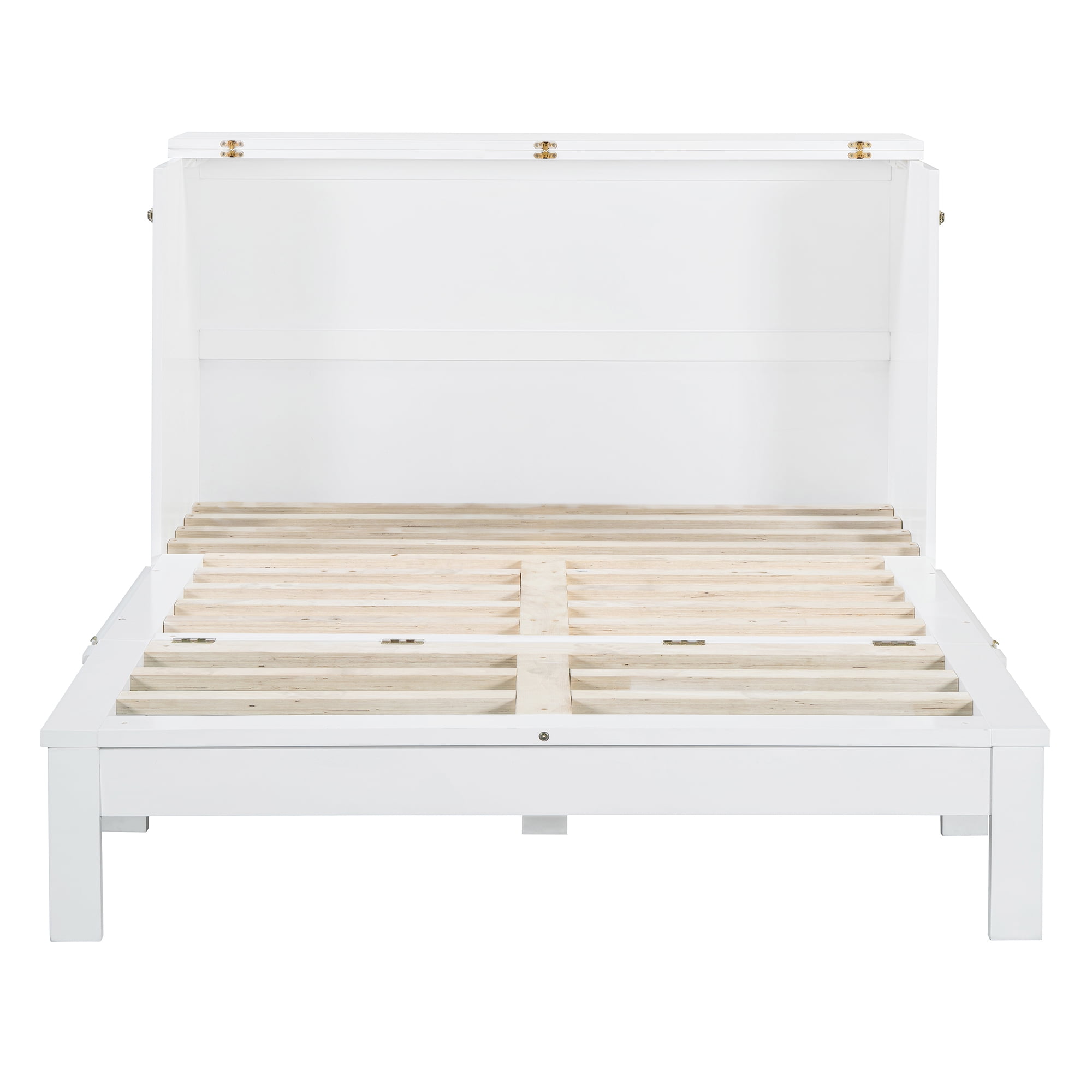 Harper & Bright Designs Rattan Full Size Murphy Bed, Wooden Full Murphy Bed Frame with Large Drawers, Folding Wall Chest Cabinet Bed for Guest Room, White
