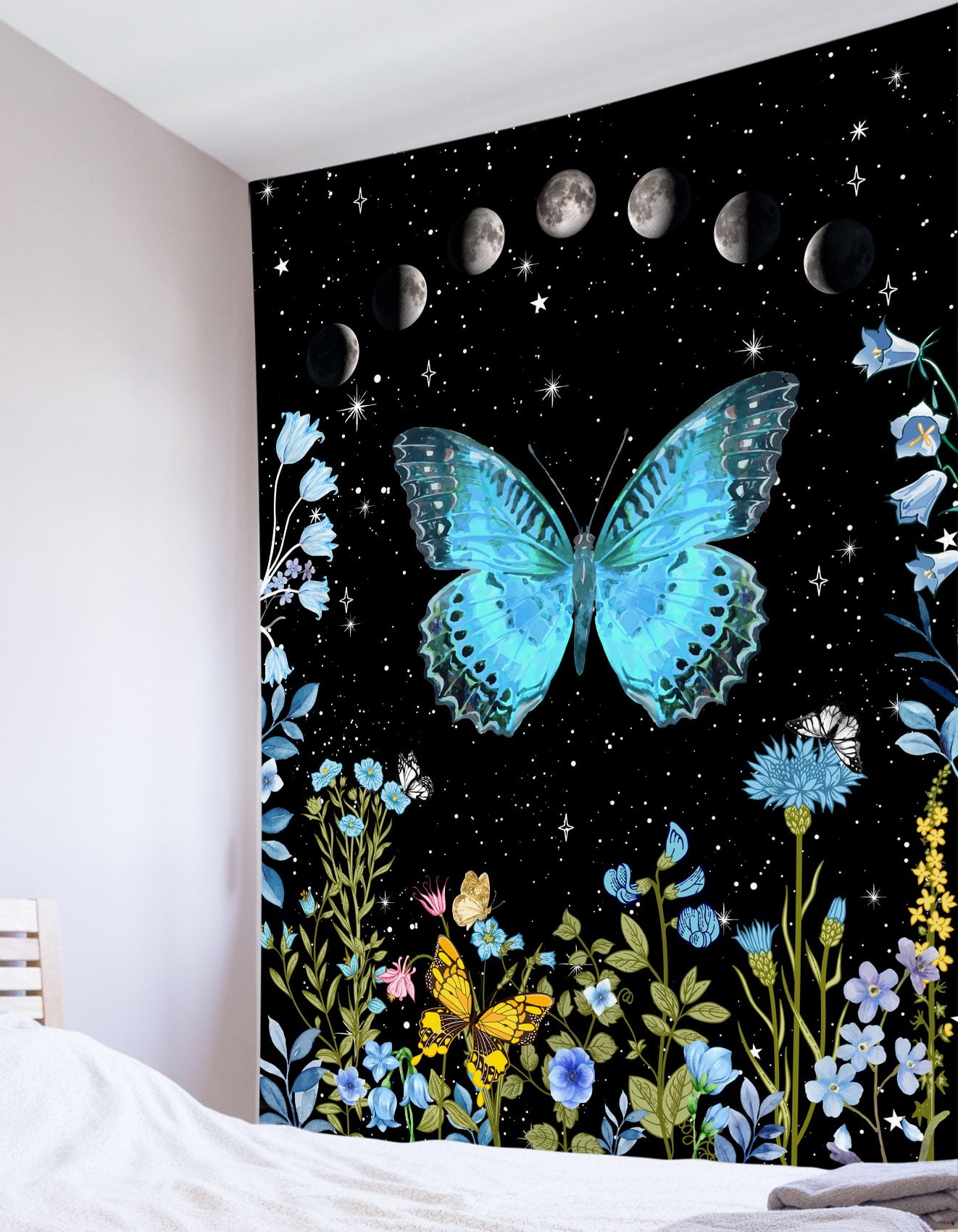 HVEST Trippy Butterfly Tapestry Teal Butterflies Plant Floral Colorful Psychedelic Tapestries Aesthetic Moon Phase Wall Hanging for Living Room