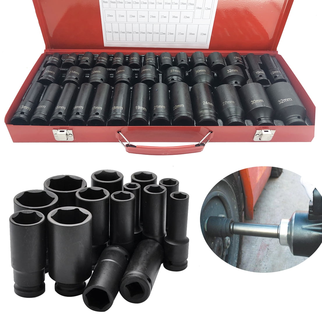 iMeshbean 35pcs Deep Impact Socket Set 1/2" Drive Metric 8-32mm 6 Point Cr-V Steel Heavy Duty Portable Socket Set with Storage Case