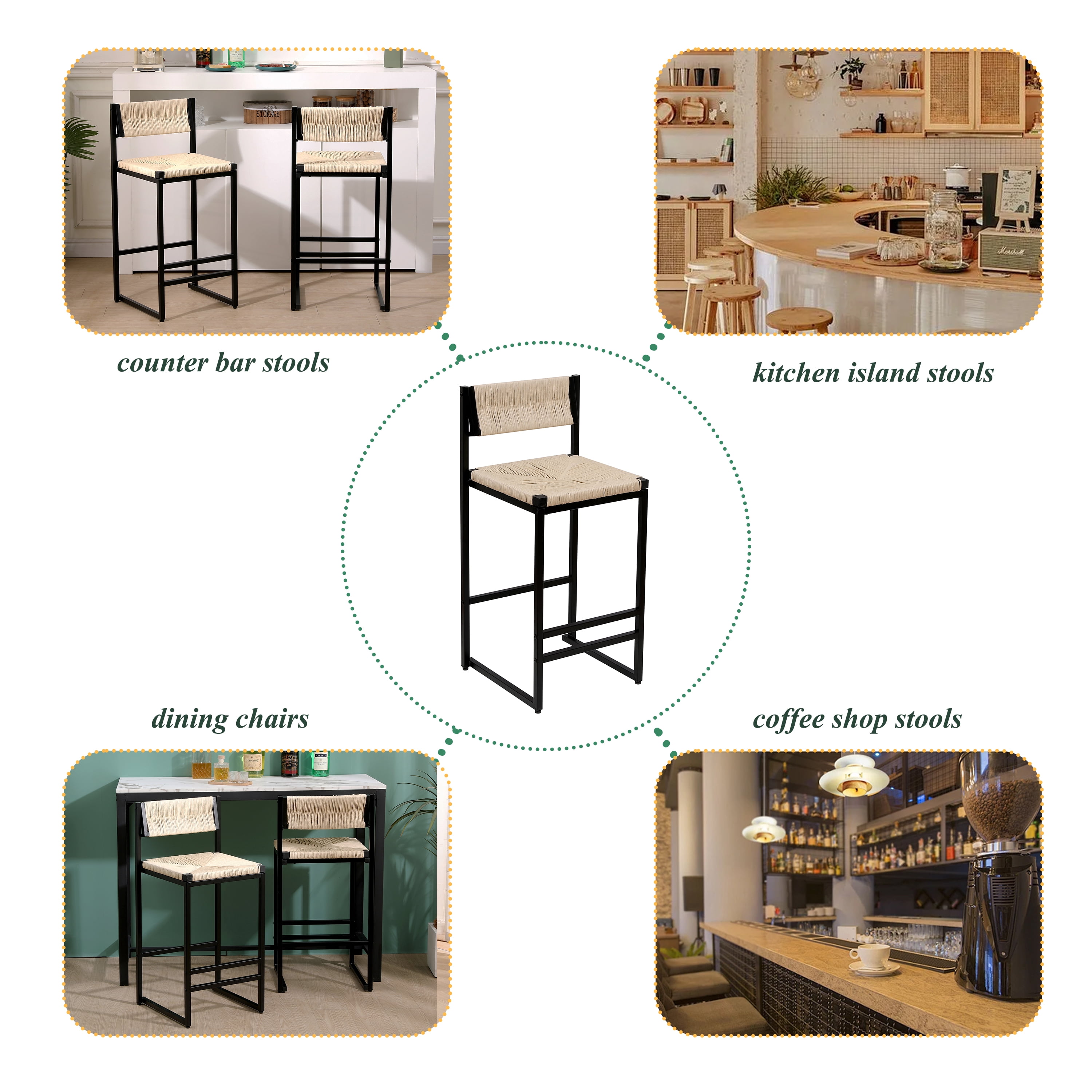 Set of 2 Creamy White Paper Rope Woven Bar Stools, Hand Weave Counter Stools with Backrest & Footrest, Metal Frame Stools for Kitchen Island Dining Room