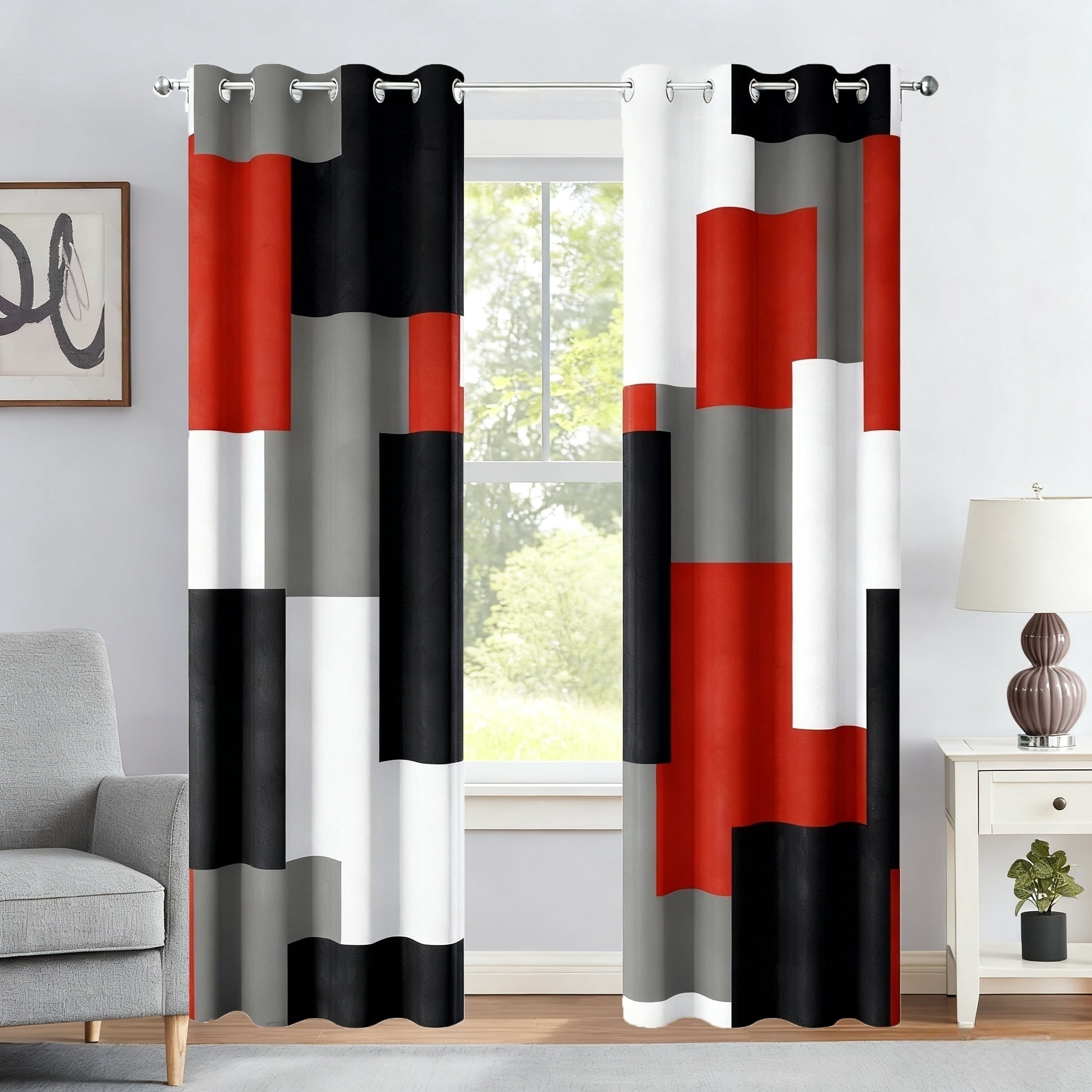 NIUBIER Blackout Curtains for Bedroom,Red and White Black Out Curtains for Living Room Modern Geometric Abstract Room Curtains, 52" x 84"