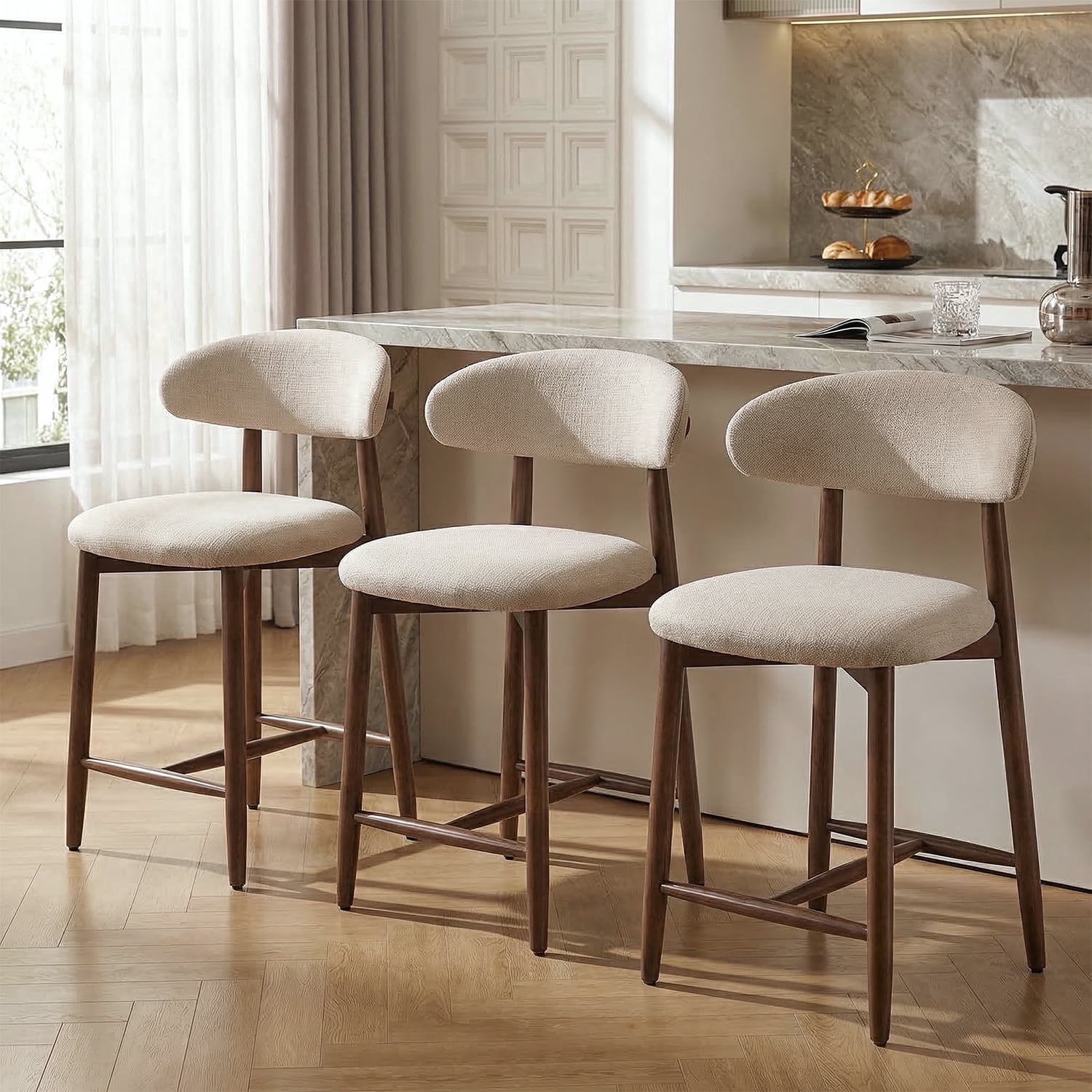 EOP Modern Bar Stools Set of 3, Upholstered 25.59″ Counter Height Bar Stools, Kitchen Island Barstools with Wood Legs for Kitchen Island Dining Room Bar, Beige