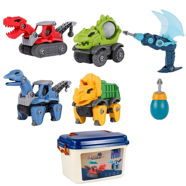 diy tuerca tornillo desmontaje de dinosaurio conjunto de construcción juguetes zulema rompecabezas juguetes de coche Multicolor set de cinco vehículos dinosaurio 3D desmontables con destornillador de 8x3.8 cm y caja de almacenamiento 28.5x20x18 cm; vista frontal de cada unidad mostrando siluetas de dinosaurio en cabina, ruedas, puntos de tornillo visibles y piezas intercambiables, incluye taladro eléctrico azul (requiere 2 pilas AAA no incluidas). Apto para ensamblar y desmontar para desarrollar motricidad fina; también se usa a menudo como juguete de viaje compacto por su estuche.