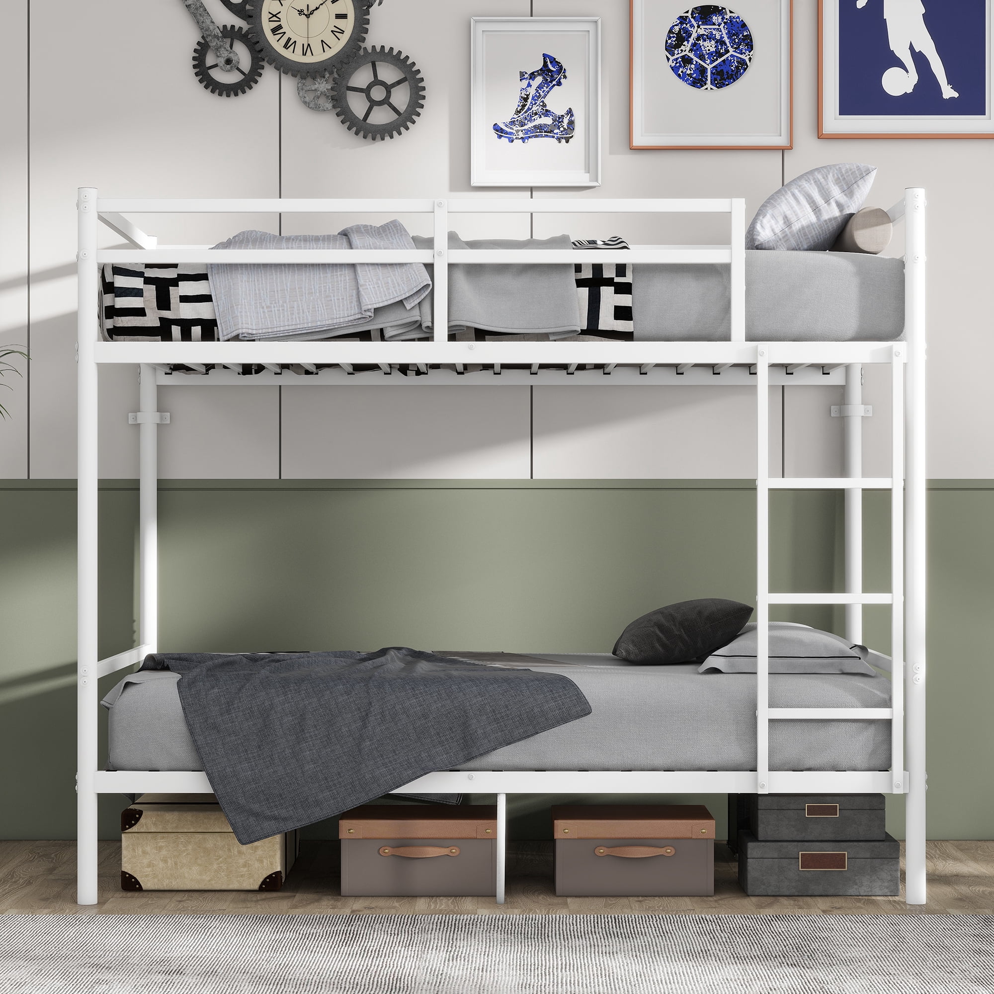 Leumius Metal Bunk Bed Frame,Twin Over Twin Bunk Bed with Ladder and Full-Length Guardrail, Heavy Duty Steel Bunk Bed, No Box Spring Needed,White