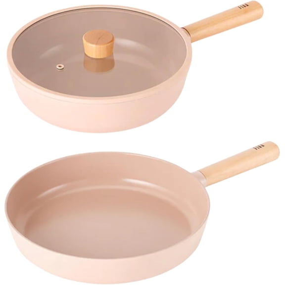 Neoflam FIKA Kitchen Nonstick Stir Frying 10" Chef Wok with Glass Lid & 11" Pan, Non Stick Ceramic Coating Skillet with Wood Handle, Induction Compatible Pan Set, Made in Korea (10", 11")