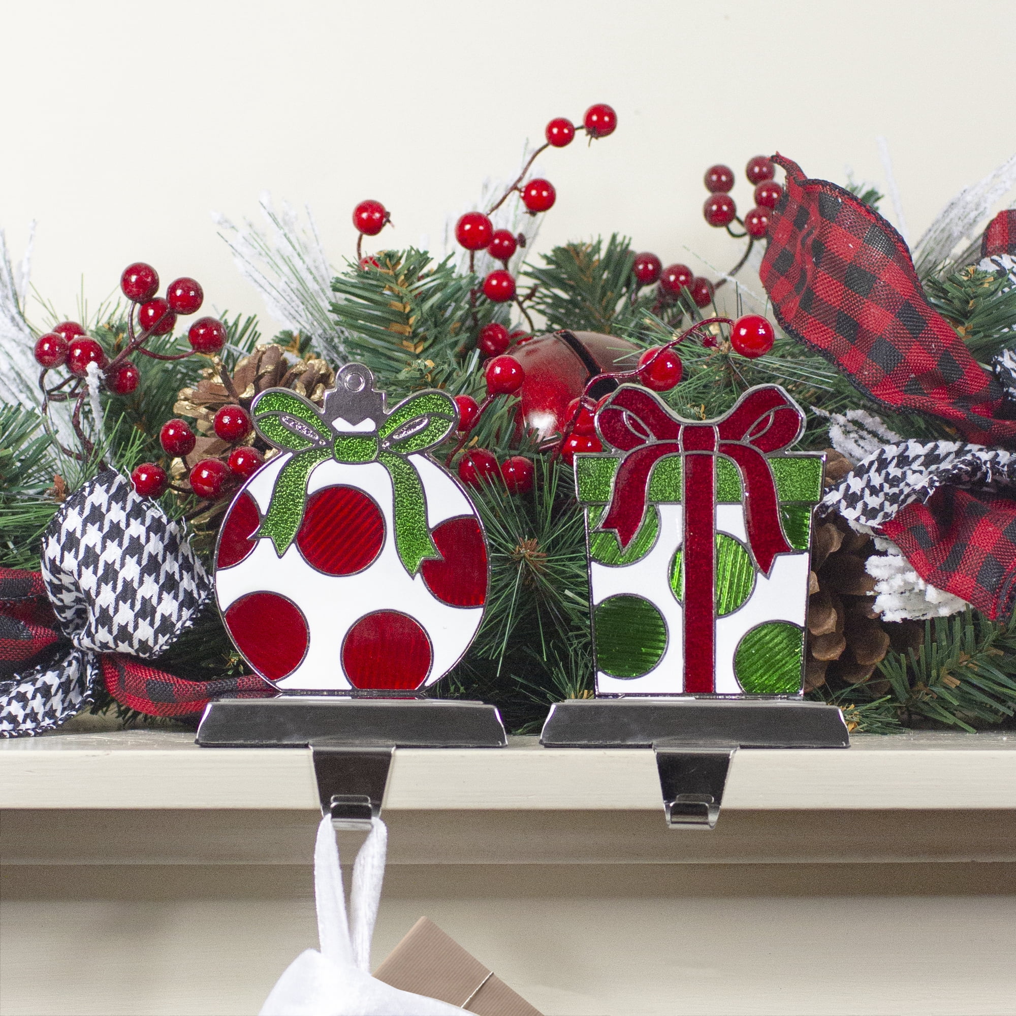 Gift Box Christmas Stocking Holders - 5.5" - Green Red and Silver - Set of 2