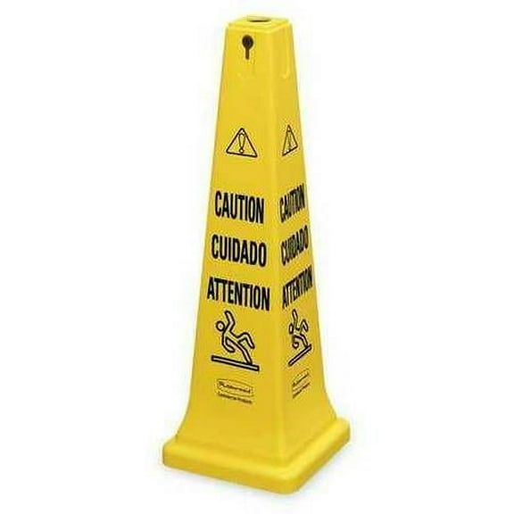 Rubbermaid Safety Cone, 36 in H, 12 1/4 in W, HDPE, Cone, English, French, Spanish, FG627600YEL