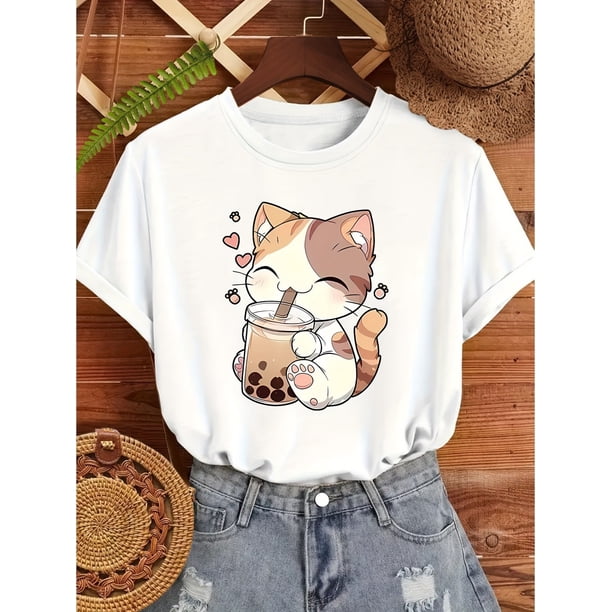 A Cute Patterned Orange Tabby Cat with a Smile Is Happily Holding a Milk Tea Drink, Featuring a Small Heart Print Design. This Vintage, Minimalist, Fresh, And Stylish Women's Casual Sports T-Shirt Ha