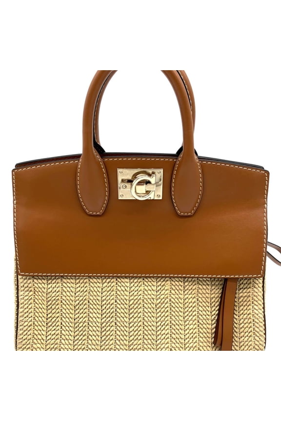 Pre-Owned Salvatore Ferragamo Gancini Studio Bag DH-21 H539, Brown Raffia and... (Good)