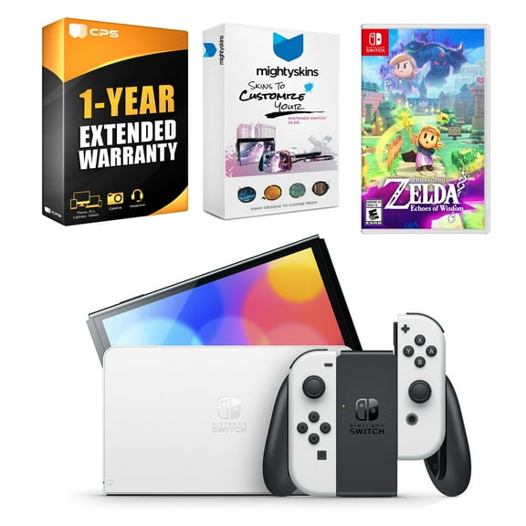 Nintendo Switch White OLED Console with The Legend of Zelda Echoes of Wisdom, MightySkins Console and Controller Skin Voucher, and 1 Year CPS Extended Warranty