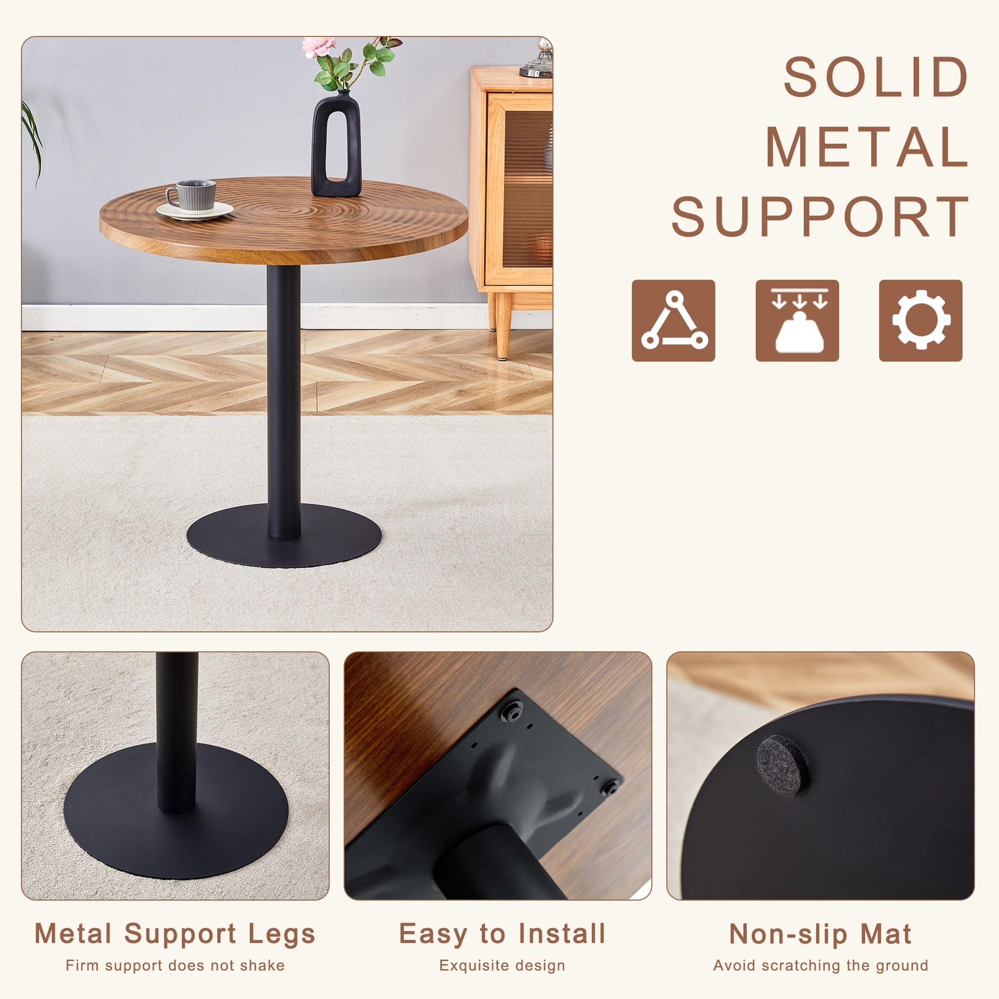 31.5 Inch Round Dining Table, Small Modern Dining Table with Dark Wood Grain Top & Black Metal Pedestal Base, MDF Kitchen Table for Dining Room, Apartment, Breakfast Nook, Compact Space