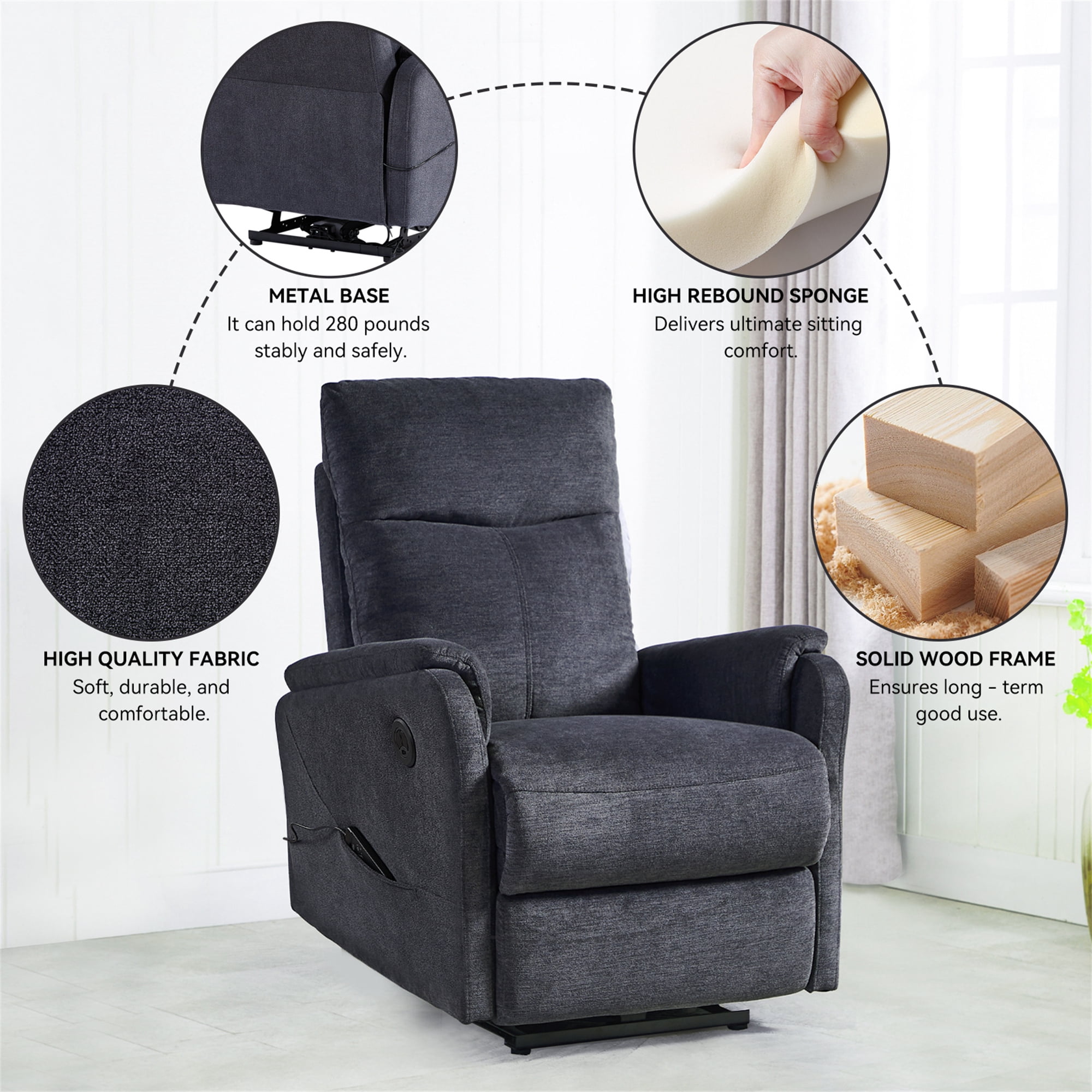 Aukfa Power Recliner Massage Chair with USB for Living Room Bedroom, Velvet, Gray