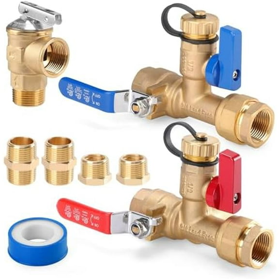 8Pcs 3/4 Inch IPS Isolator Tankless Water Heater Valve Kit with 2Pcs 3/4" NPT to 1/2" FNPT and 2Pcs Brass Pipe Fitting, Tankless Water Heater Flushing Kit with Pressure Relief Valve, Clean Brass