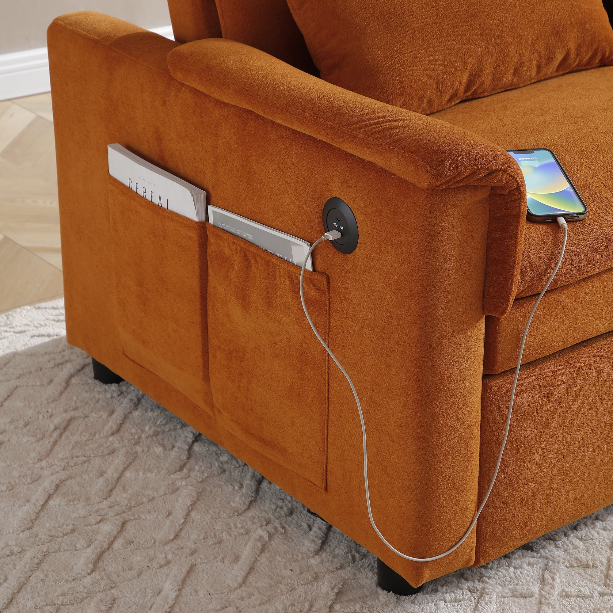 55" Convertible Sleeper Sofa Bed,3 in 1 Velvet Pull Out Sofa Bed with Adjustable Backrest & USB Ports,Modern Loveseat Sofa Couch for Living Room,Apartment,Orange