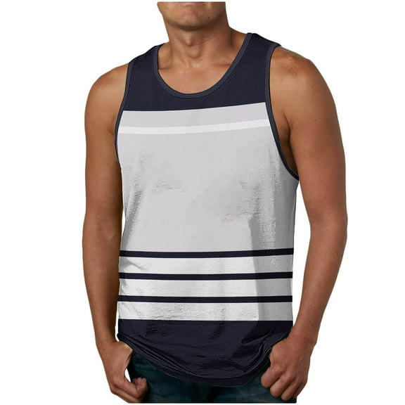 YUGYXL Men's Striped Tank Top Summer Casual Big and Tall Sleeveless Fitness Tee Shirts Lightweight Gym Running Undershirts Navy XXL
