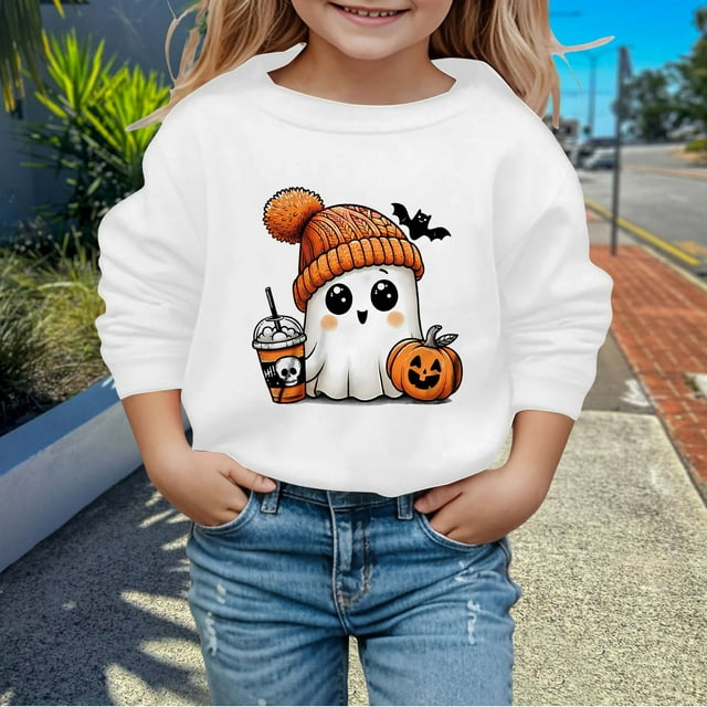 PMVFHDE Chandails à Capuchon et Chandails pour Filles Mode Enfants Halloween Mignon Imprimé Col Rond Sans Capuche Chandail à Manches Longues pour Filles Blanc, 2-3 Ans