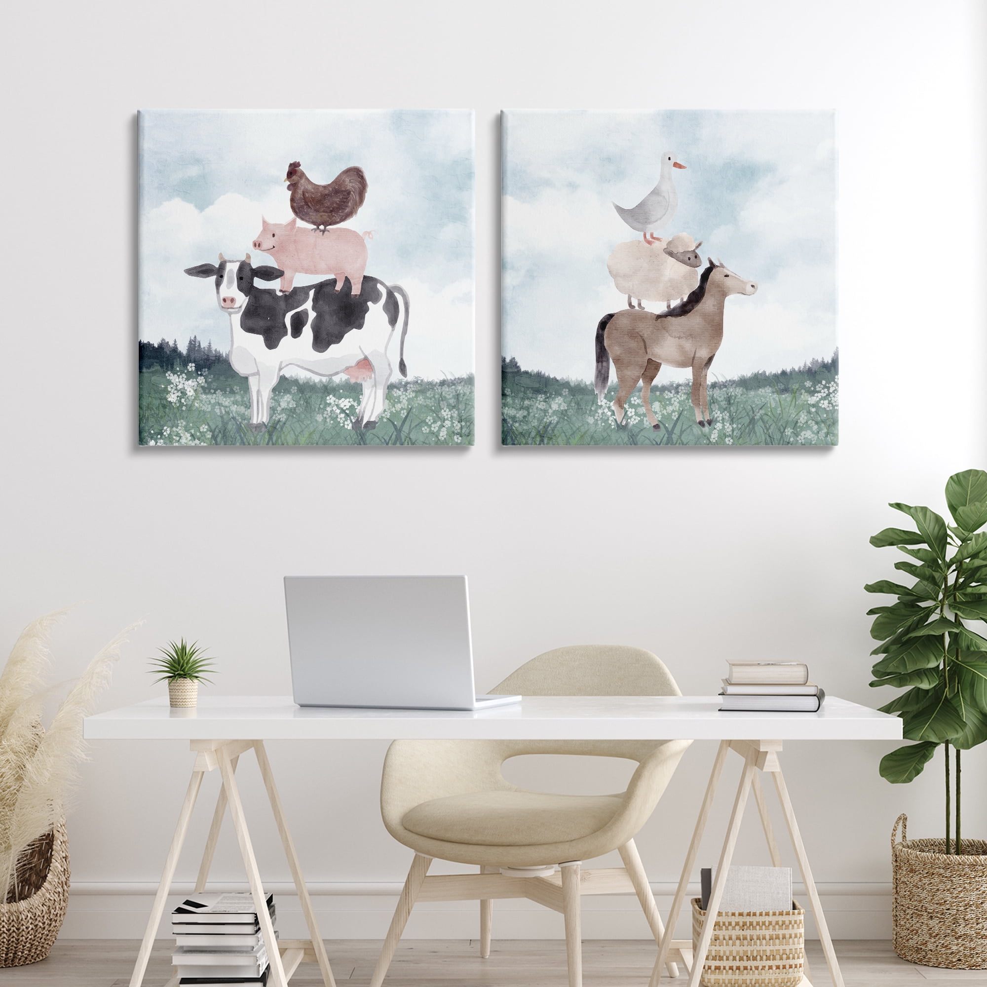 Stupell Industries Stacked Animals Blue Sky Farm 2 Piece Canvas Wall Art Set, design by Kim Allen