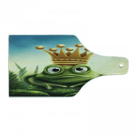 

King Cutting Board Frog Prince on Moss Stone with Crown Inspired Cartoon Image Decorative Tempered Glass Cutting and Serving Board Wine Bottle Shape Forest Green and Yellow by Ambesonne