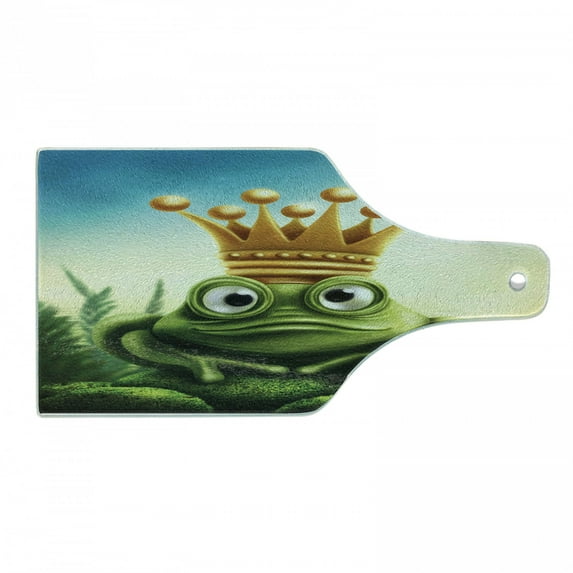 King Cutting Board, Frog Prince on Moss Stone with Crown Inspired Cartoon Image, Decorative Tempered Glass Cutting and Serving Board, Wine Bottle Shape, Forest Green and Yellow, by Ambesonne